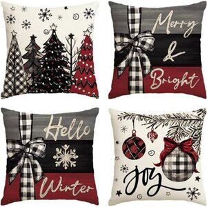 Merry Christmas Joy Xmas Trees Red Throw Pillow Covers, 18 x 18 Inch